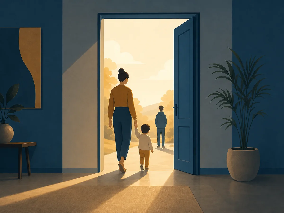 Un parent et un jeune enfant franchissent ensemble une porte ouverte vers la lumière, illustrant l'effet collectif de la naturalisation pour les enfants mineurs.