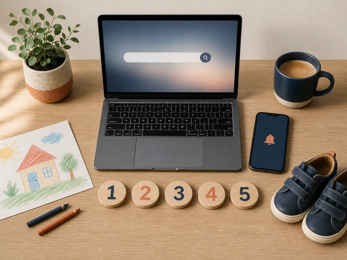 Bureau en bois vu du dessus avec ordinateur, téléphone et icône de cloche, jetons alignés en séquence et chaussures d'enfant, évoquant le suivi pas à pas d'un numéro REZE.
