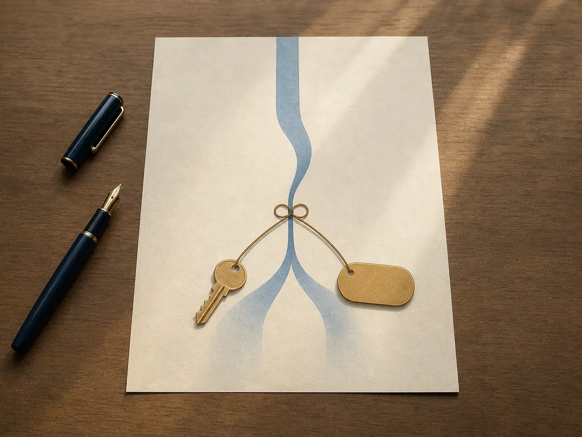 A sheet of paper on a desk, where a key and a blank label are linked by the same thread, next to a fountain pen, suggesting a single decision in the naturalisation decree.