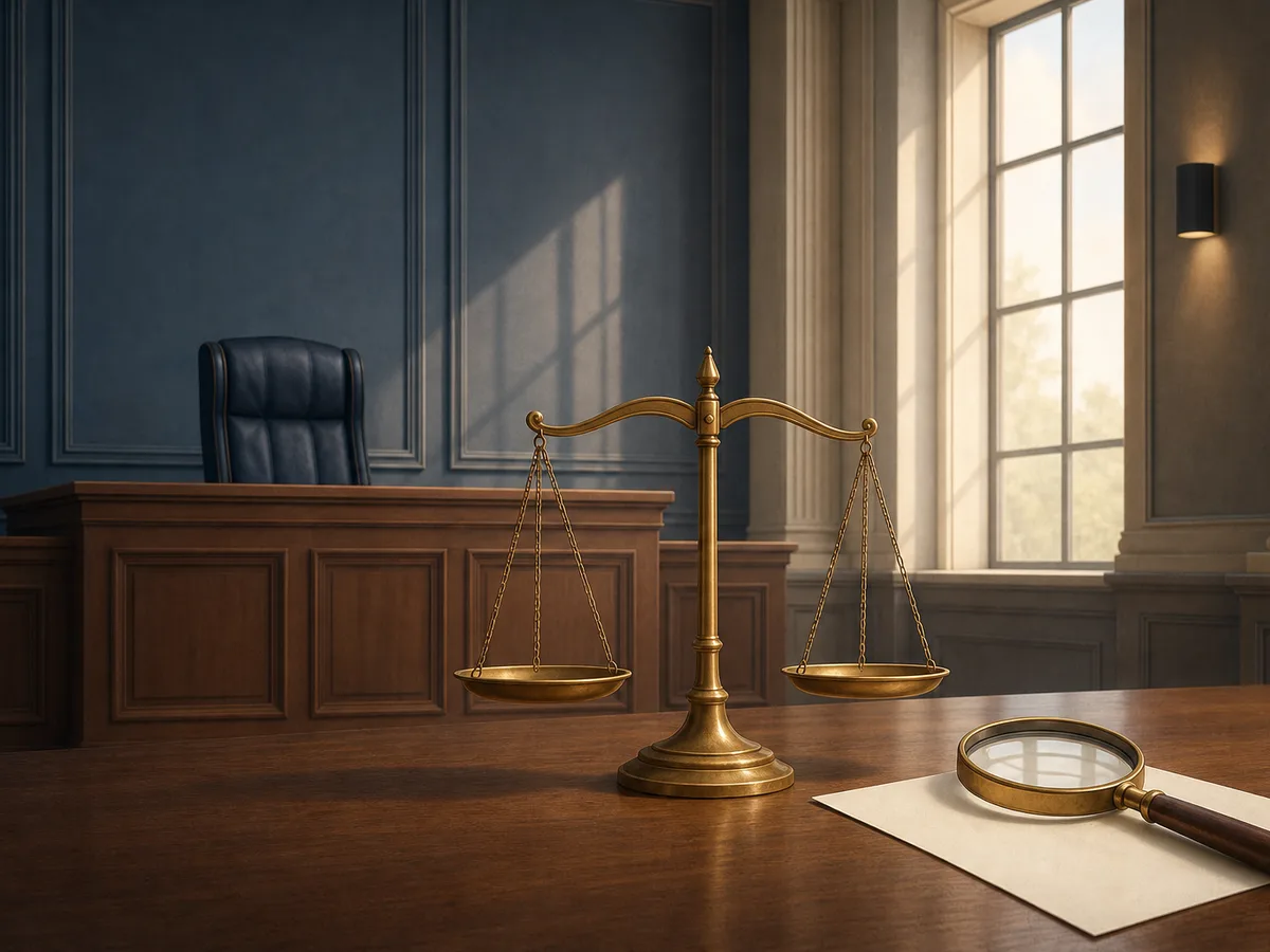 Balance en équilibre et loupe posée devant le banc vide d'une salle d'audience, évoquant le contrôle de légalité exercé par le tribunal administratif.