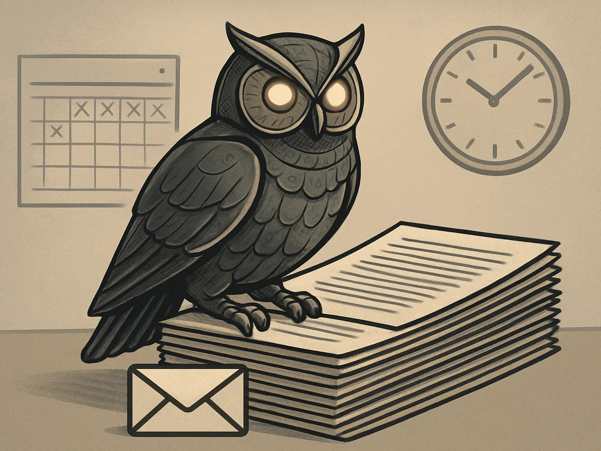 Un hibou numérique surveille des documents officiels et une alerte email apparaît, symbolisant la surveillance automatique des publications.
