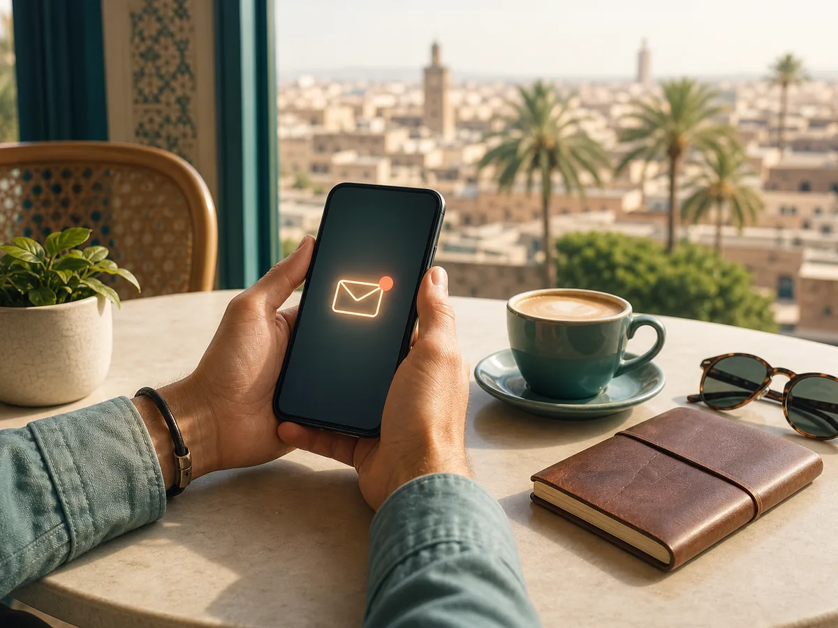 Mains tenant un smartphone sur une table de café, avec une icône d'enveloppe lumineuse qui symbolise l'alerte email, devant une ville lointaine floue.