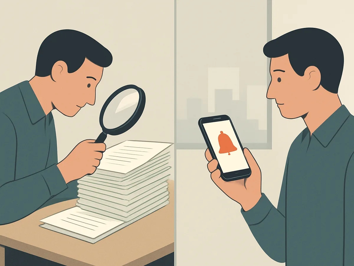 Deux méthodes de suivi : recherche manuelle dans des documents et alerte automatique sur smartphone.