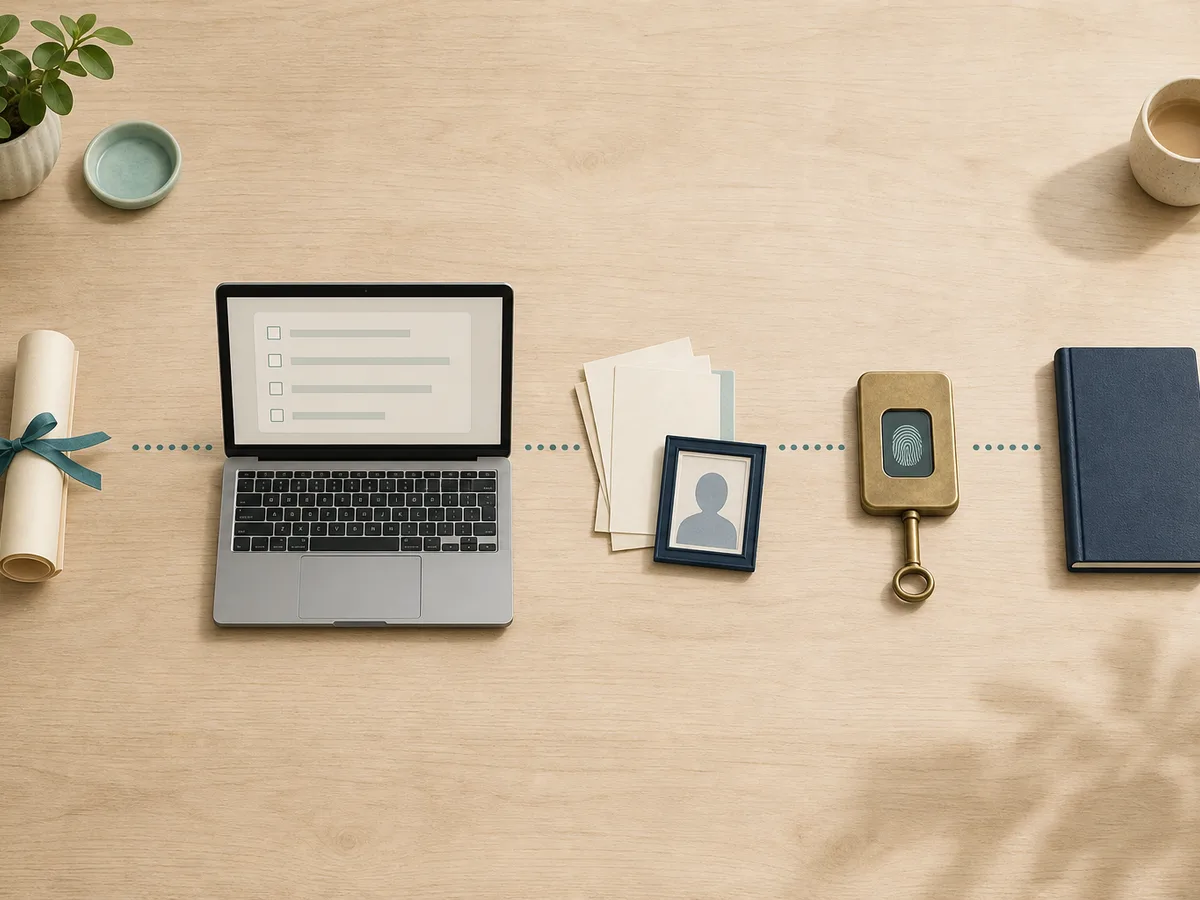 Objects lined up on a desk, from a parchment to a computer, coins, a fingerprint reader and then a closed booklet: the steps to getting a passport after naturalization.