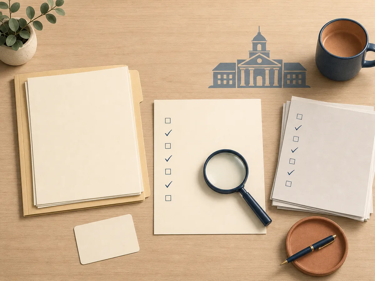 Desk seen from above with blank sheets, a folder and photocopies next to the originals, a magnifying glass and empty checkboxes, for preparing the birth certificate and other documents.