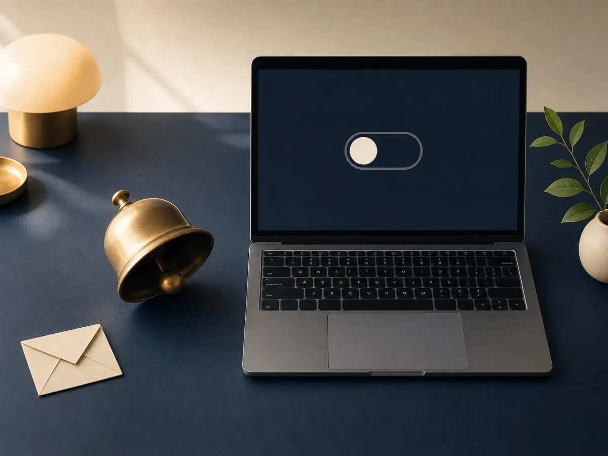 An alert bell sitting still next to a computer that is switched off: the idea of cancelling a naturalisation decree alert once it has done its job.
