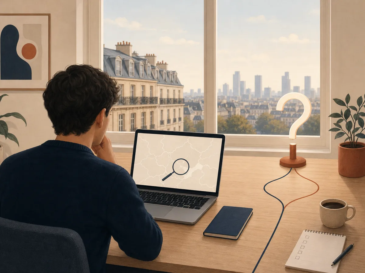 A person at a computer checks rules on a map, with Parisian rooftops and a distant horizon: dual citizenship after naturalization depends on your country of origin.