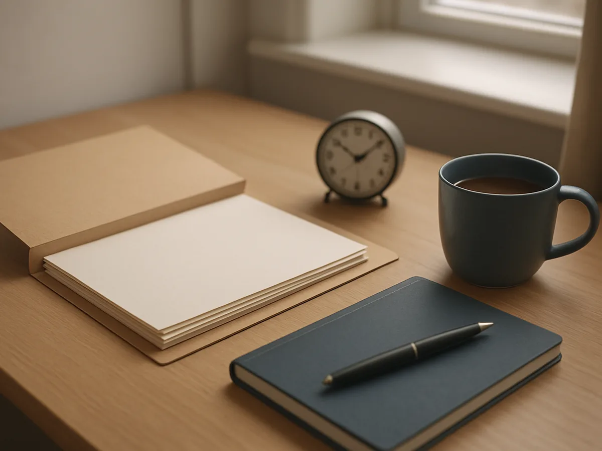 A tidy wooden desk by a window, with sheets of paper sorted into a folder, a small clock and a cup of tea, in soft morning light.