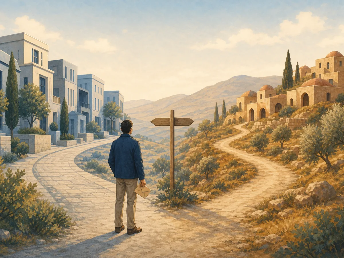 Une personne vue de dos hésite à une bifurcation entre deux chemins, l'un bordé d'immeubles bleutés, l'autre menant vers des collines ocre, symbole de deux droits distincts.