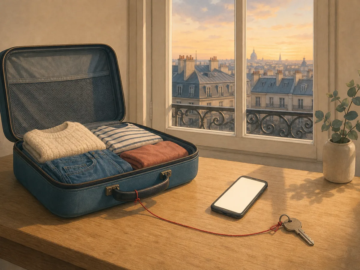 An open suitcase on a table near a window, with a key and a phone, illustrating the idea of traveling while waiting for a naturalization decree while remaining tied to France.