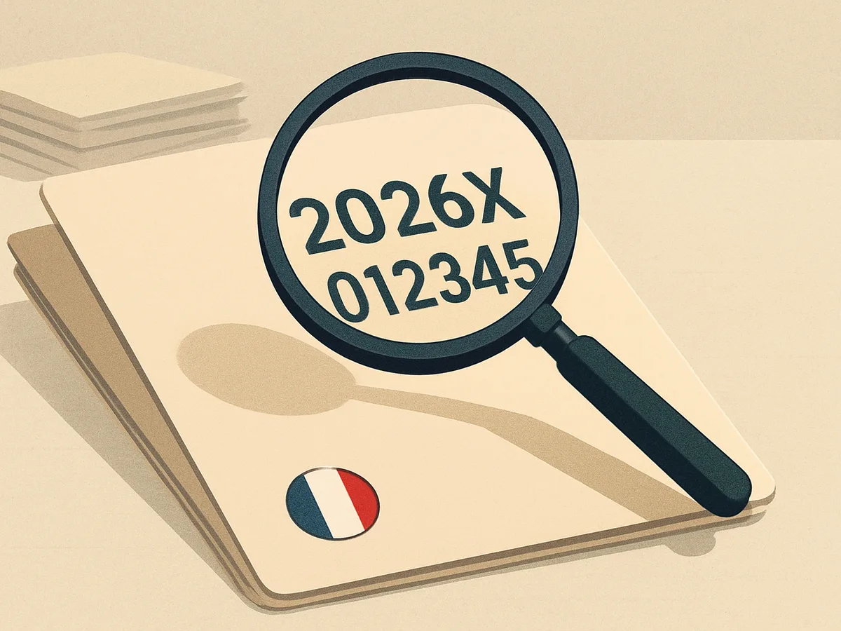Un dossier officiel avec un code unique 2026X 012345, une loupe pour le suivi, et une pile de dossiers en arrière-plan.
