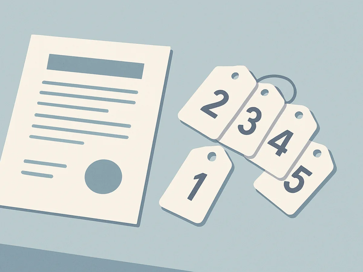 Une feuille unique représente un décret commun, à côté de plusieurs étiquettes numérotées distinctes illustrant les numéros REZE individuels.