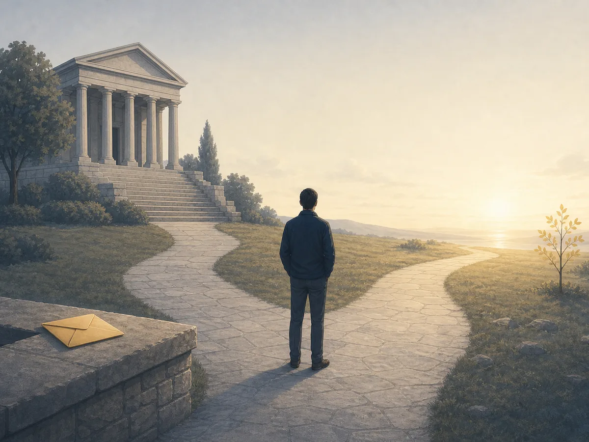 A person seen from behind hesitates at a fork in the road: one path leads to a courthouse, the other toward a clear horizon, illustrating the choice after a postponed or denied naturalization, appeal or new application.