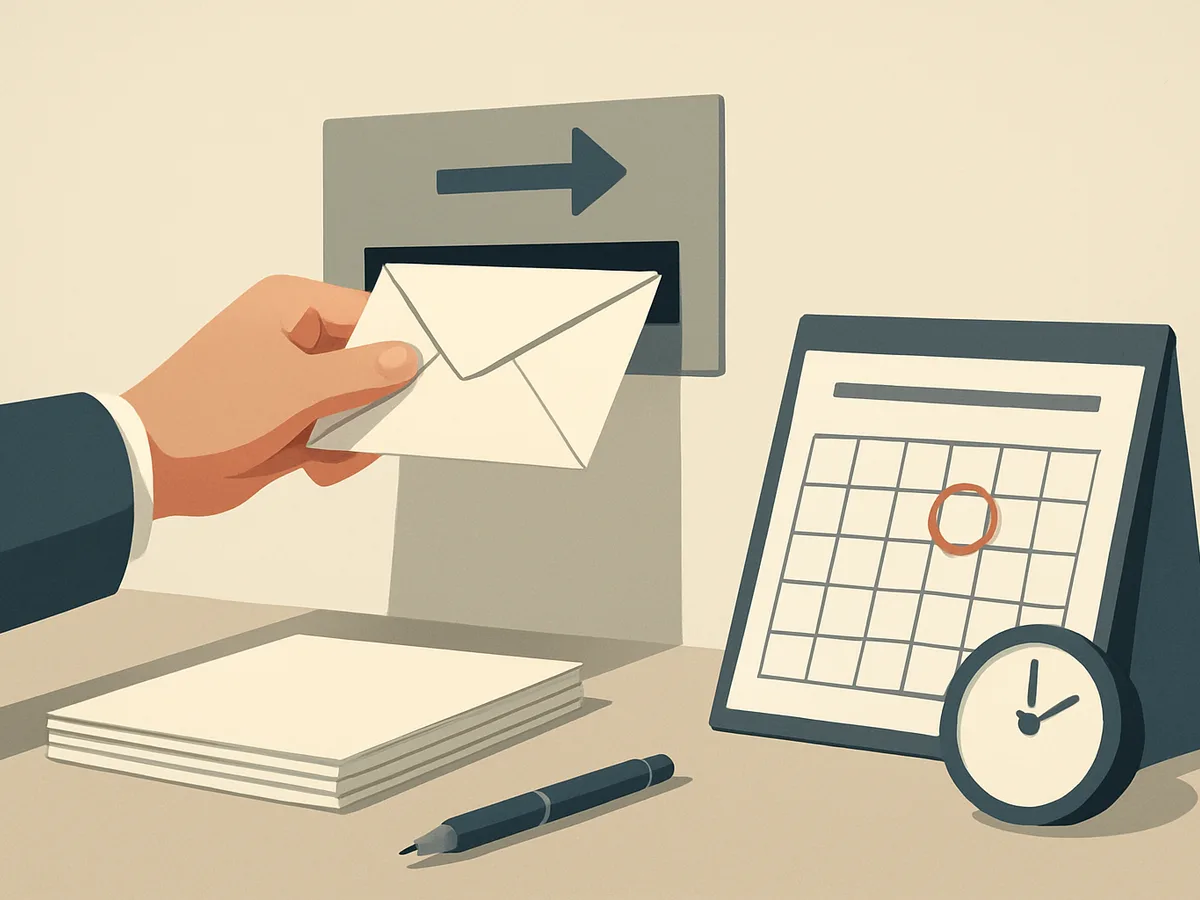 A hand slips an envelope into a slot, near a calendar with a date circled and a pen resting on some papers.