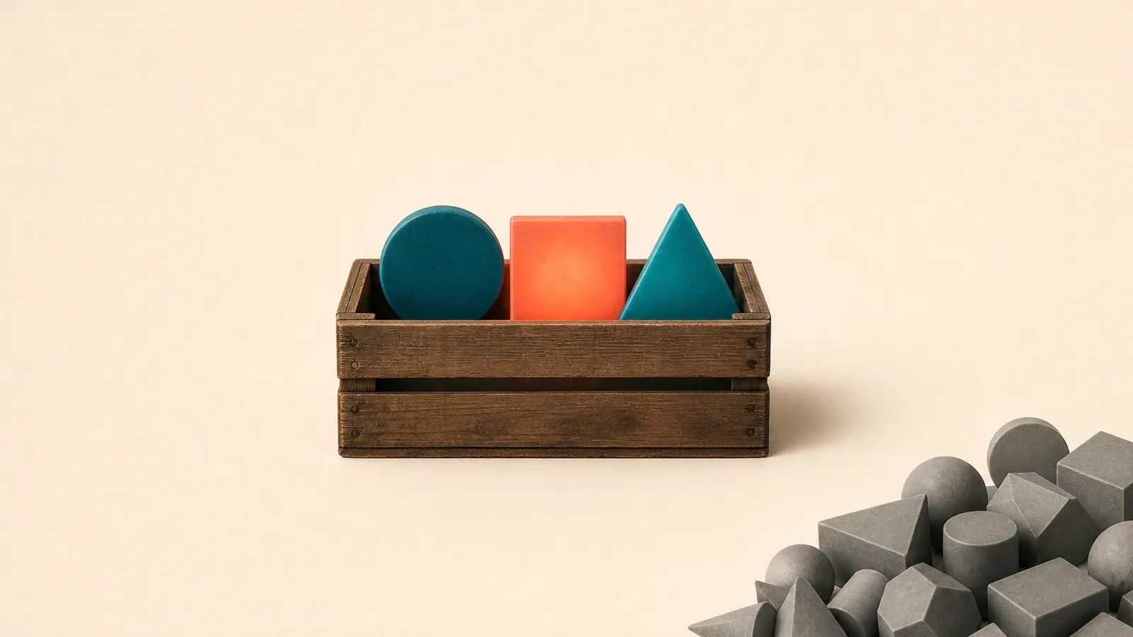 A small wooden crate holds three essential colored shapes, while gray shapes are set aside: the idea of building a SaaS MVP by keeping only what's indispensable.