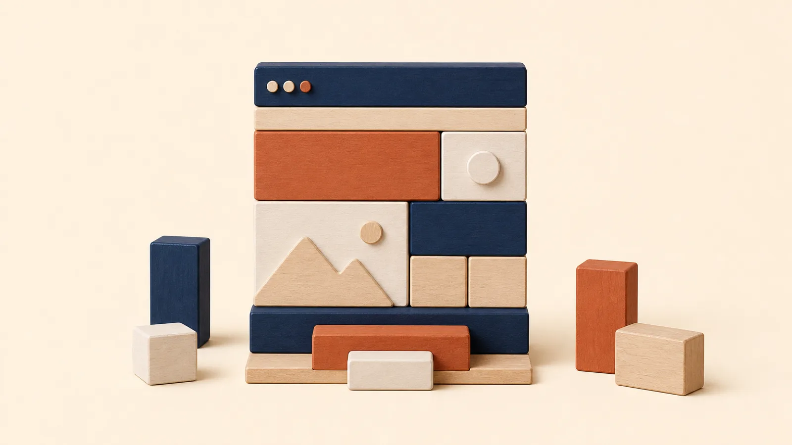 Une petite façade de boutique en blocs de bois empilés, dont certains sont légèrement écartés, symbolise un site vitrine composé de plusieurs postes de budget.