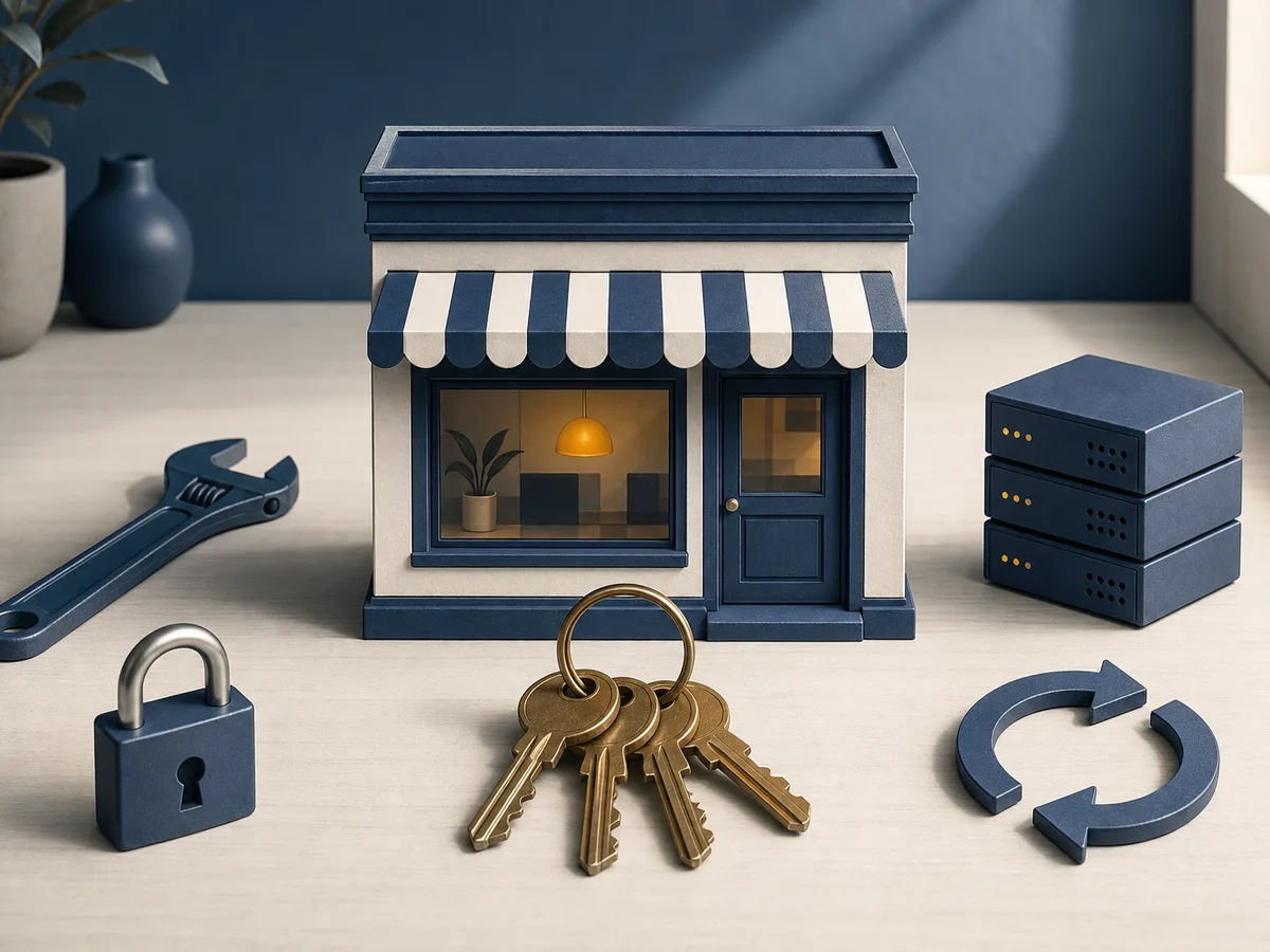 Une façade de boutique miniature posée sur un bureau, avec un trousseau de clés devant elle, entourée d'une clé à molette, d'un cadenas, de serveurs empilés et d'une flèche circulaire.