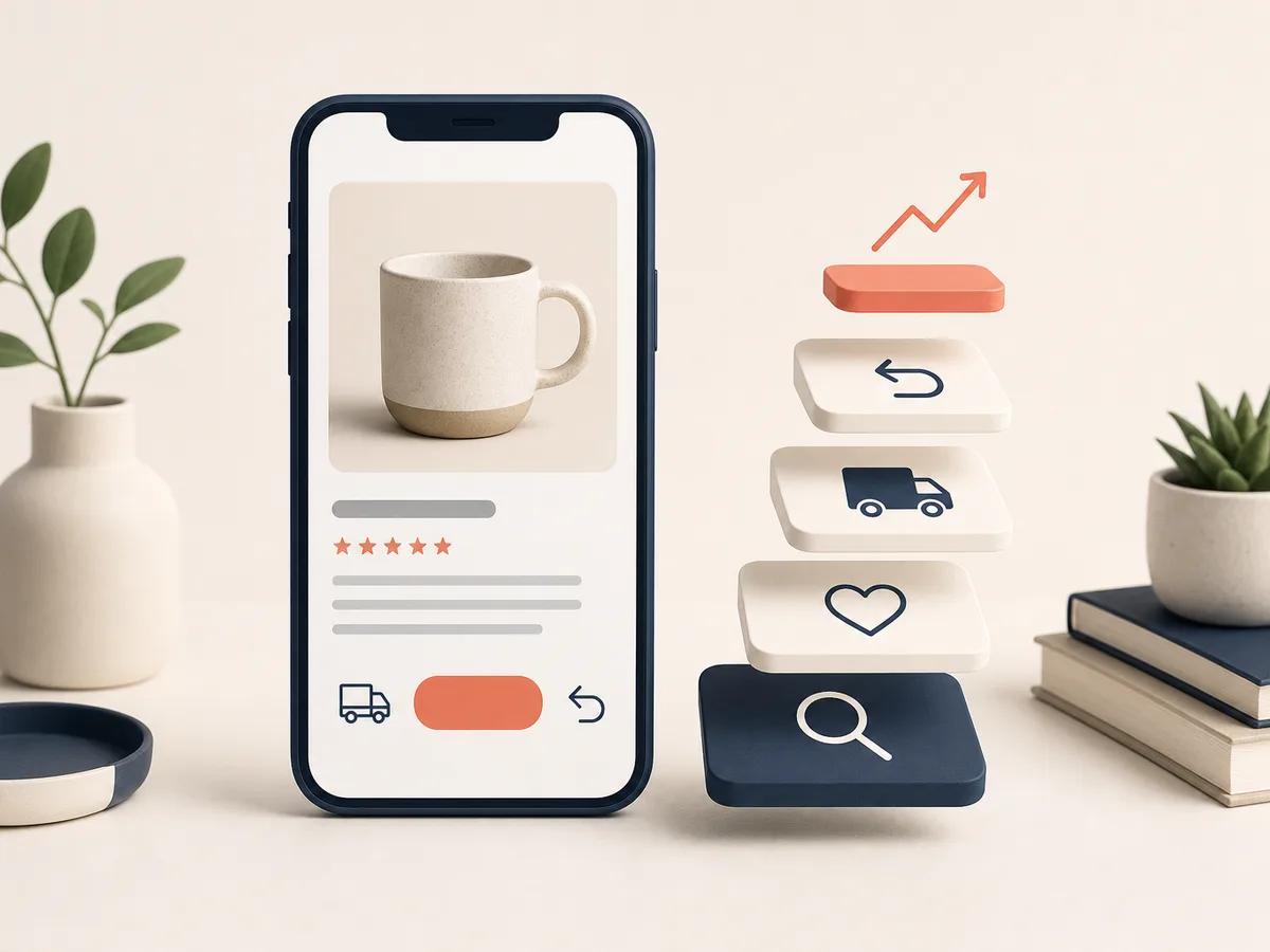 Smartphone showing a clear product page with a photo, review stars, a shipping icon, and a buy button, illustrating how to optimize an e-commerce product page step by step.