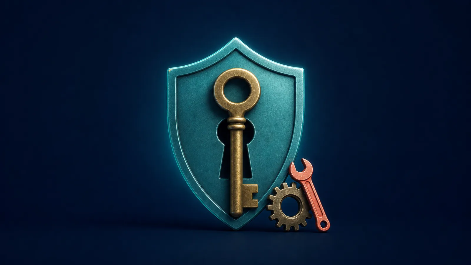 Une clé en laiter posée sur une plaque bleue, avec un petit engrenage et une clé à molette, pour évoquer la maintenance site web sécurisée.