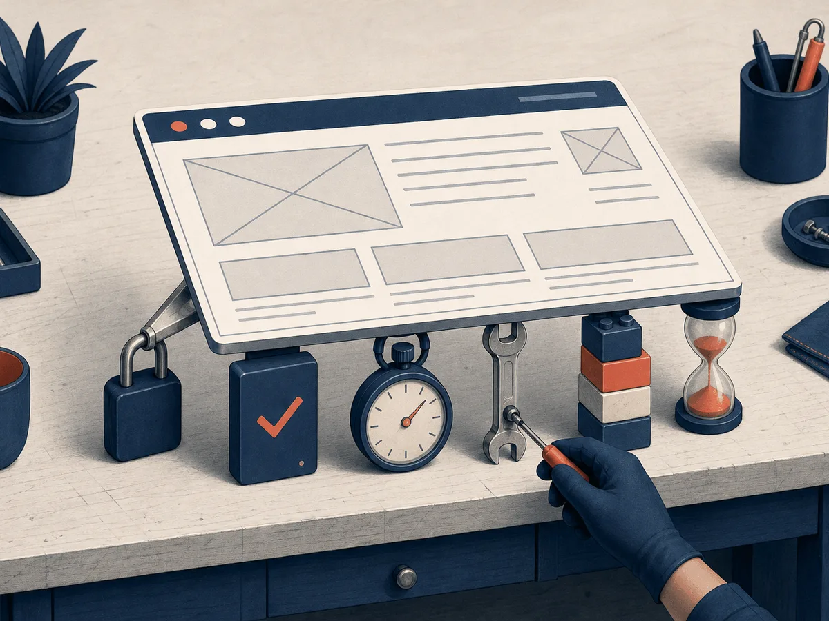 Illustration de maintenance site web : une page web posée sur six supports, cadenas, sauvegarde, jauge, clé, blocs et sablier, qu'une main de technicien resserre.
