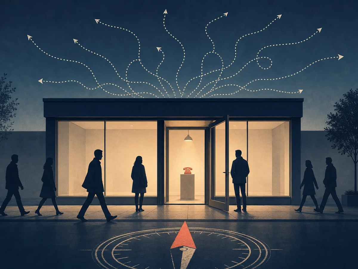 An elegant shop window where passersby walk past without going in, an untouched phone inside and a compass pointing to a single door, symbolizing a website with no clear goal.