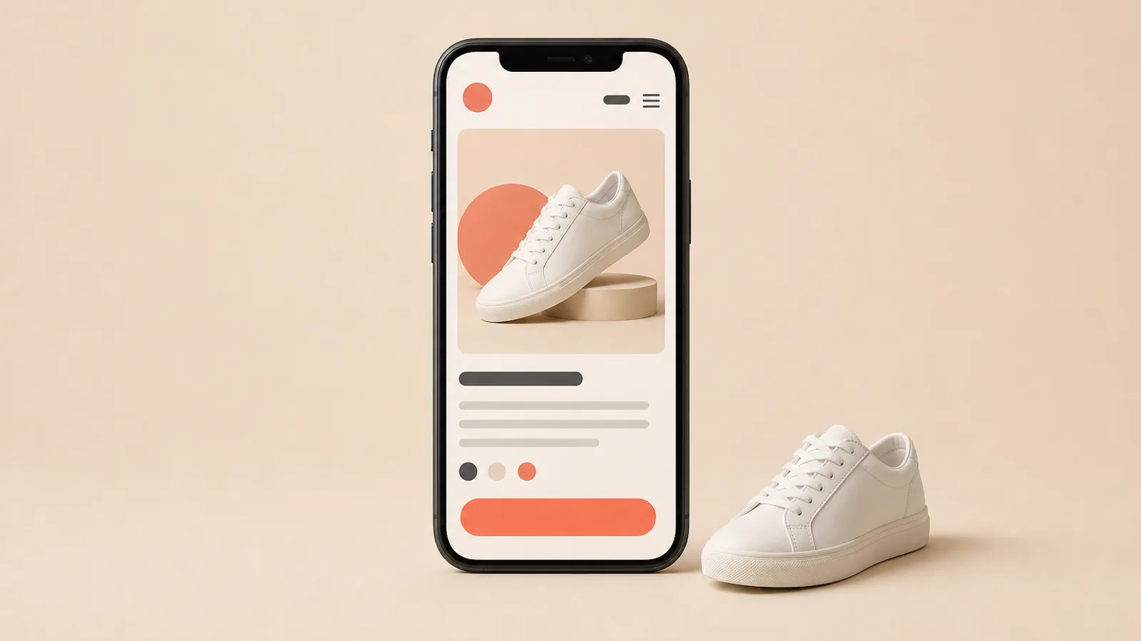 Un smartphone affiche une fiche produit épurée avec une grande photo de baskets et un bouton d'achat corail, pour optimiser une fiche produit e-commerce.