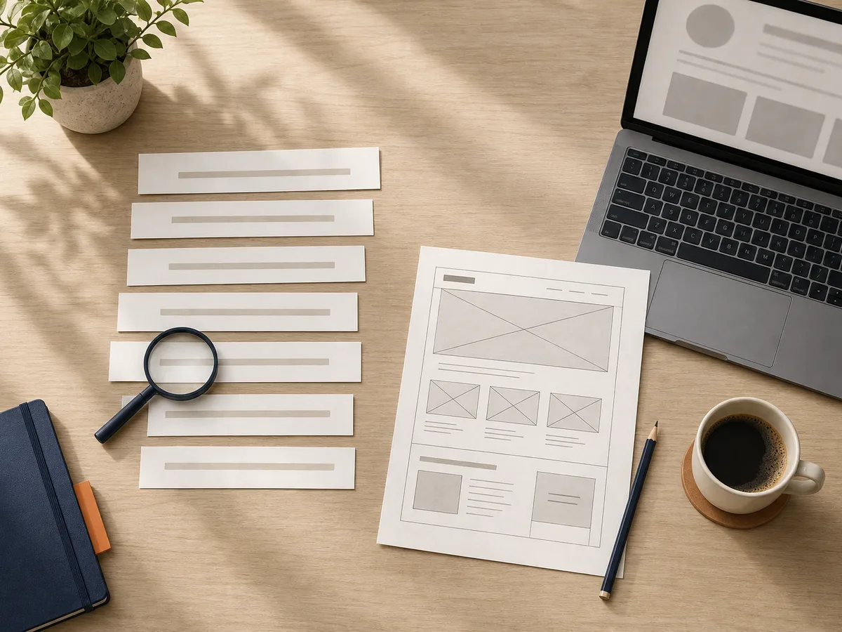 Overhead view of a desk: a quote cut into neatly aligned strips, a magnifying glass resting on one of them, next to a website mockup, a pencil and a laptop.