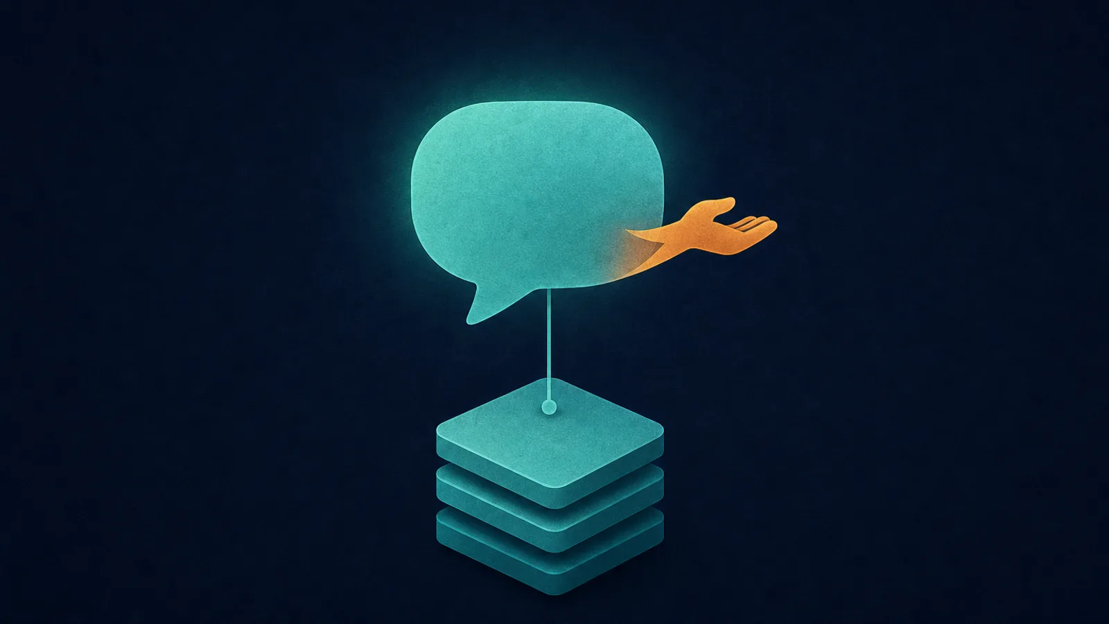 Illustration d'une bulle de dialogue reliée à une pile de fiches ordonnées, symbole d'un chatbot IA site web entreprise connecté à sa base de connaissances, avec une flèche orange vers un humain.
