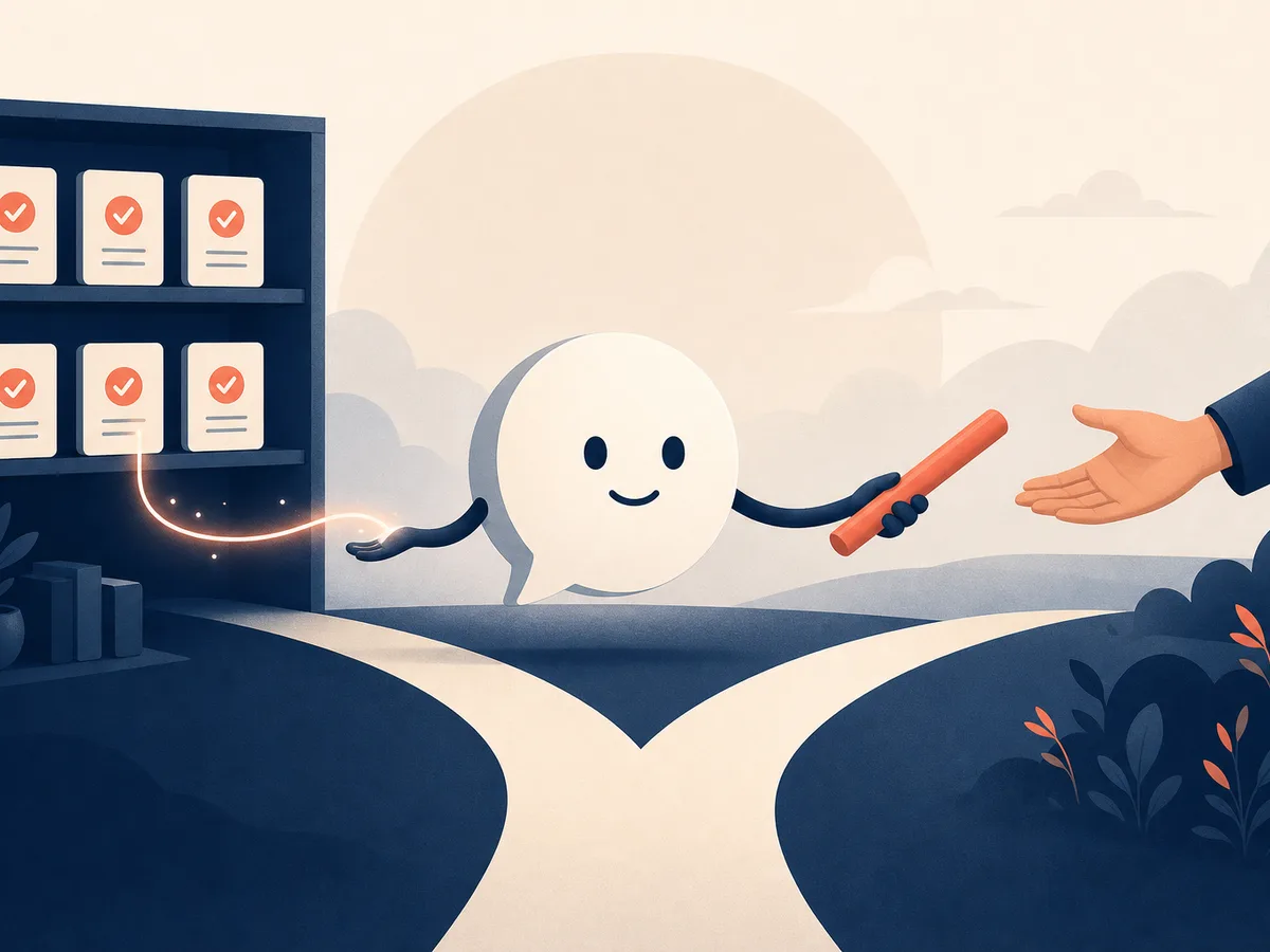 Illustration d'un chatbot IA site web entreprise : relié à une bibliothèque de sources validées, il passe le relais à une main humaine quand il doute.