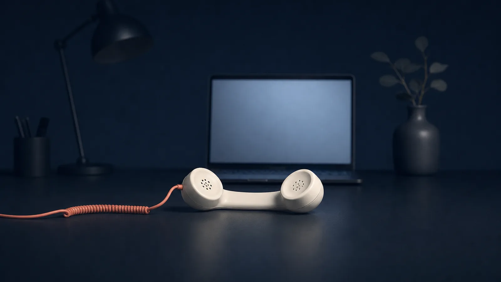 Ein einsames Festnetztelefon auf einem aufgeräumten Schreibtisch, davor ein Laptop mit leerem Bildschirm: ein Sinnbild für eine gepflegte Website, die keinen einzigen Anruf auslöst.