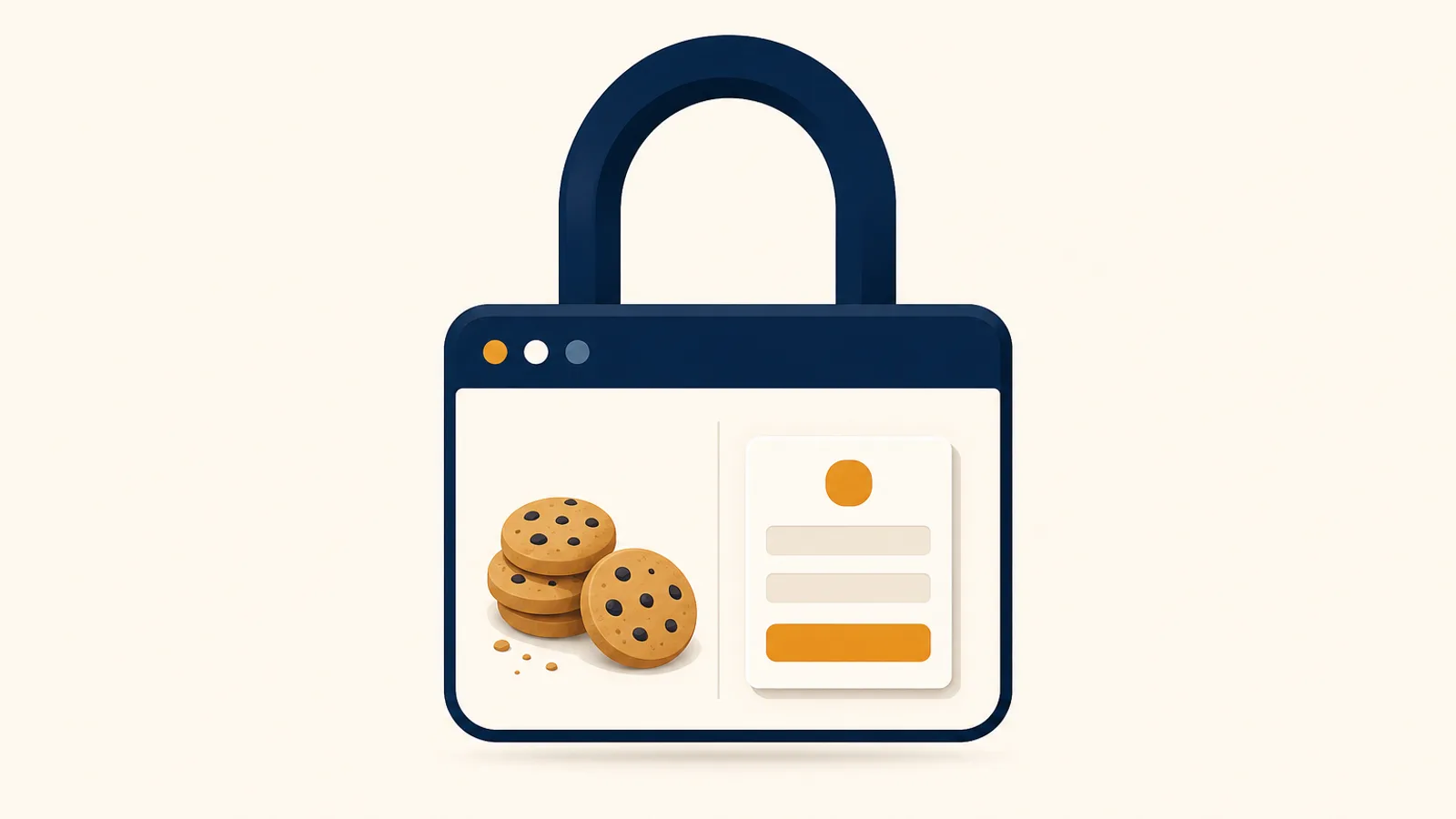 Illustration d'un cadenas stylisé en forme de fenêtre de navigateur, entouré de petits cookies et d'un formulaire, pour évoquer la protection des données et le RGPD d'un site web.