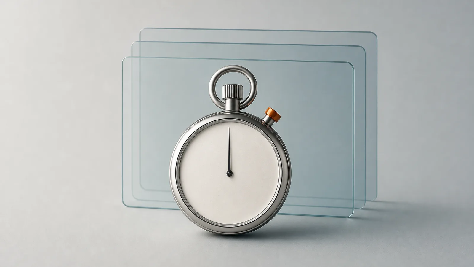 Un chronomètre posé devant trois panneaux de verre superposés, symbole de la vitesse et de la stabilité d'une page web mesurées par les Core Web Vitals.