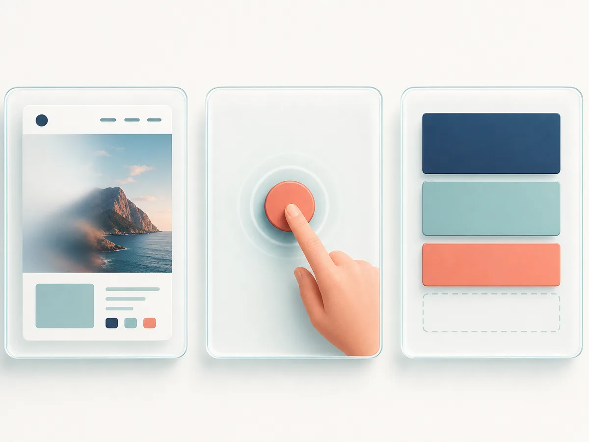 Trois panneaux d'interface illustrant les core web vitals : un contenu principal qui s'affiche nettement, un bouton qui réagit au toucher, des blocs de page parfaitement alignés.