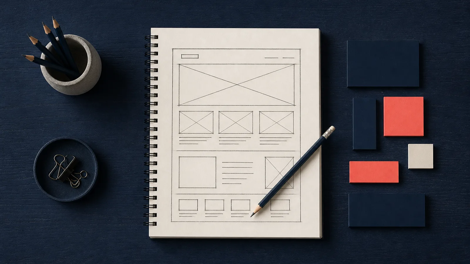 A pencil sketch of a website mockup, surrounded by small colored paper blocks, illustrates the preparation of a website specification document.