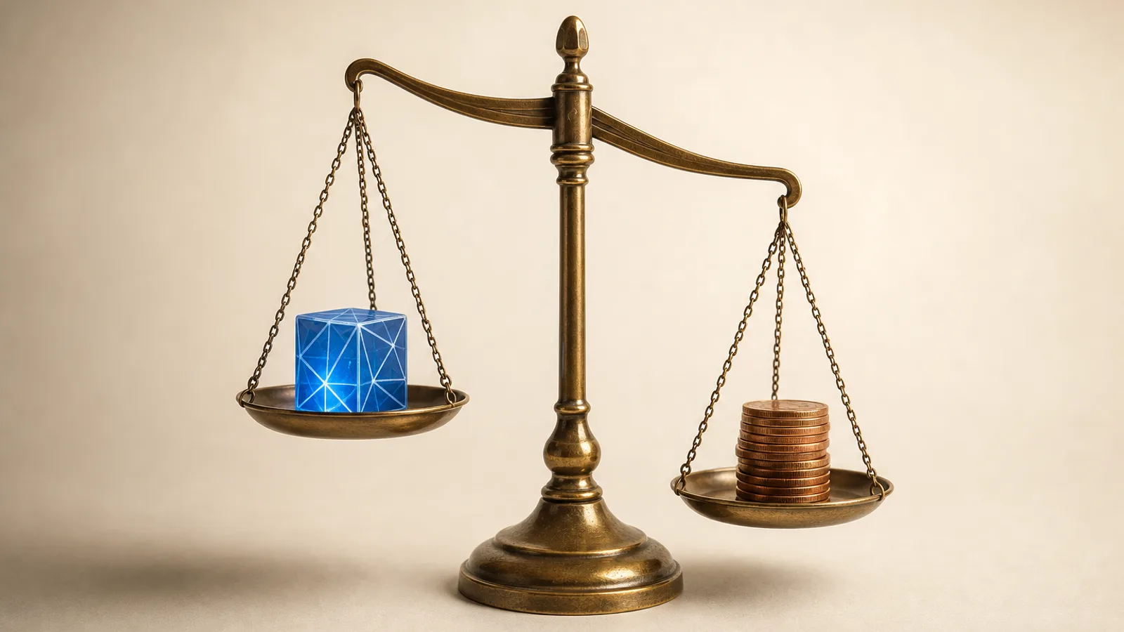 Une balance en laiton pèse un cube bleu lumineux contre une pile de pièces de cuivre, pour illustrer combien coûte un développeur web indépendant.