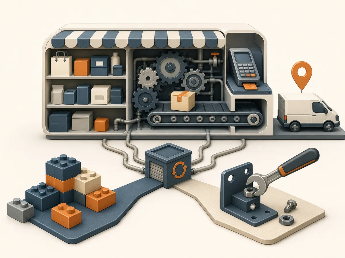 Illustration d'une boutique en ligne vue comme une machine : produits, paiement, livraison et stocks reliés, avec un choix entre modules prêts à l'emploi et pièce sur mesure, pour le coût d'un site e-commerce freelance.
