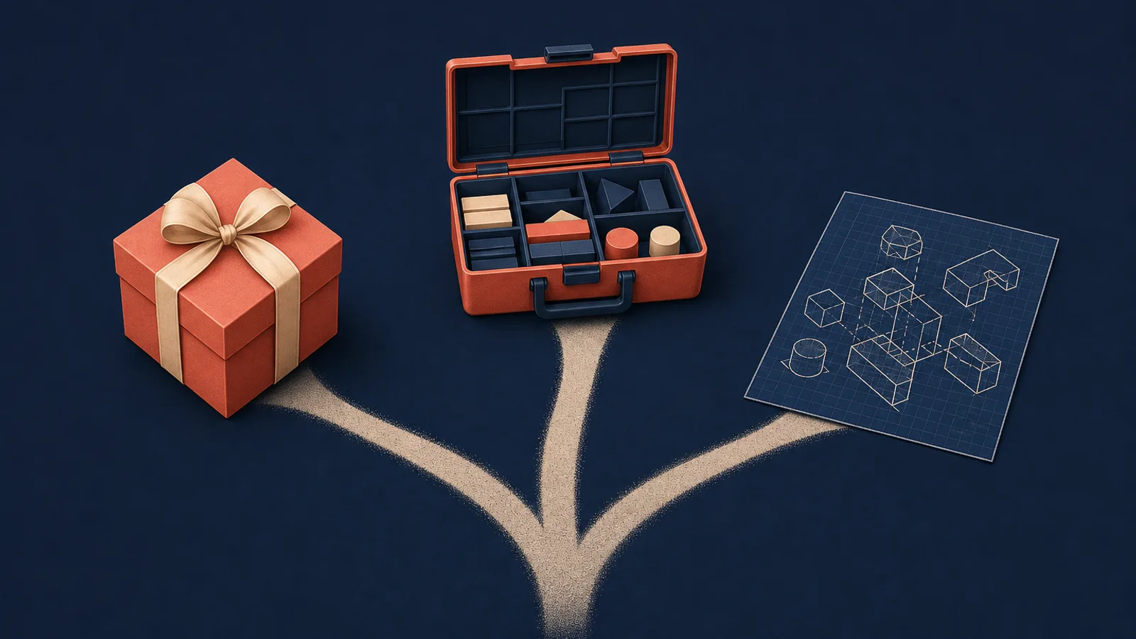 Three objects on a dark background represent the choice between Shopify or WooCommerce and a custom build: a ready-to-use box, an open toolbox and an assembly of geometric pieces.