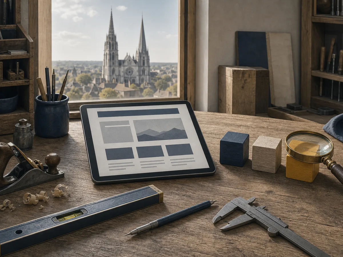 A craftsman's workbench with a tablet showing a website mockup, measuring tools and a magnifying glass, in front of the silhouette of a Gothic cathedral evoking Chartres.