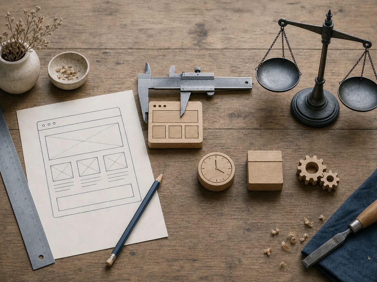 Craftsman's workbench with a web page sketch, a ruler and compass, three differently shaped tokens and an empty scale: what a freelance web developer costs depends on scoping.