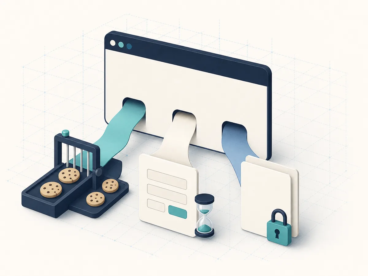 Illustration of GDPR for a website: a browser window and three panels representing cookie sorting, a minimal form and secured legal pages.