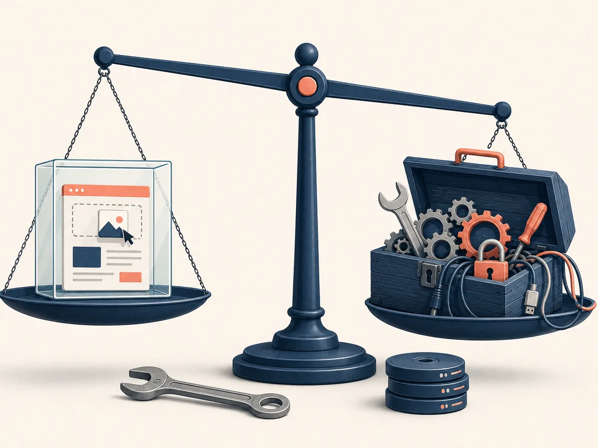 Balance à plateaux: une boîte de verre fermée et légère face à une caisse à outils ouverte et lourde, symbole des limites de Wix face au contrôle et à la maintenance.