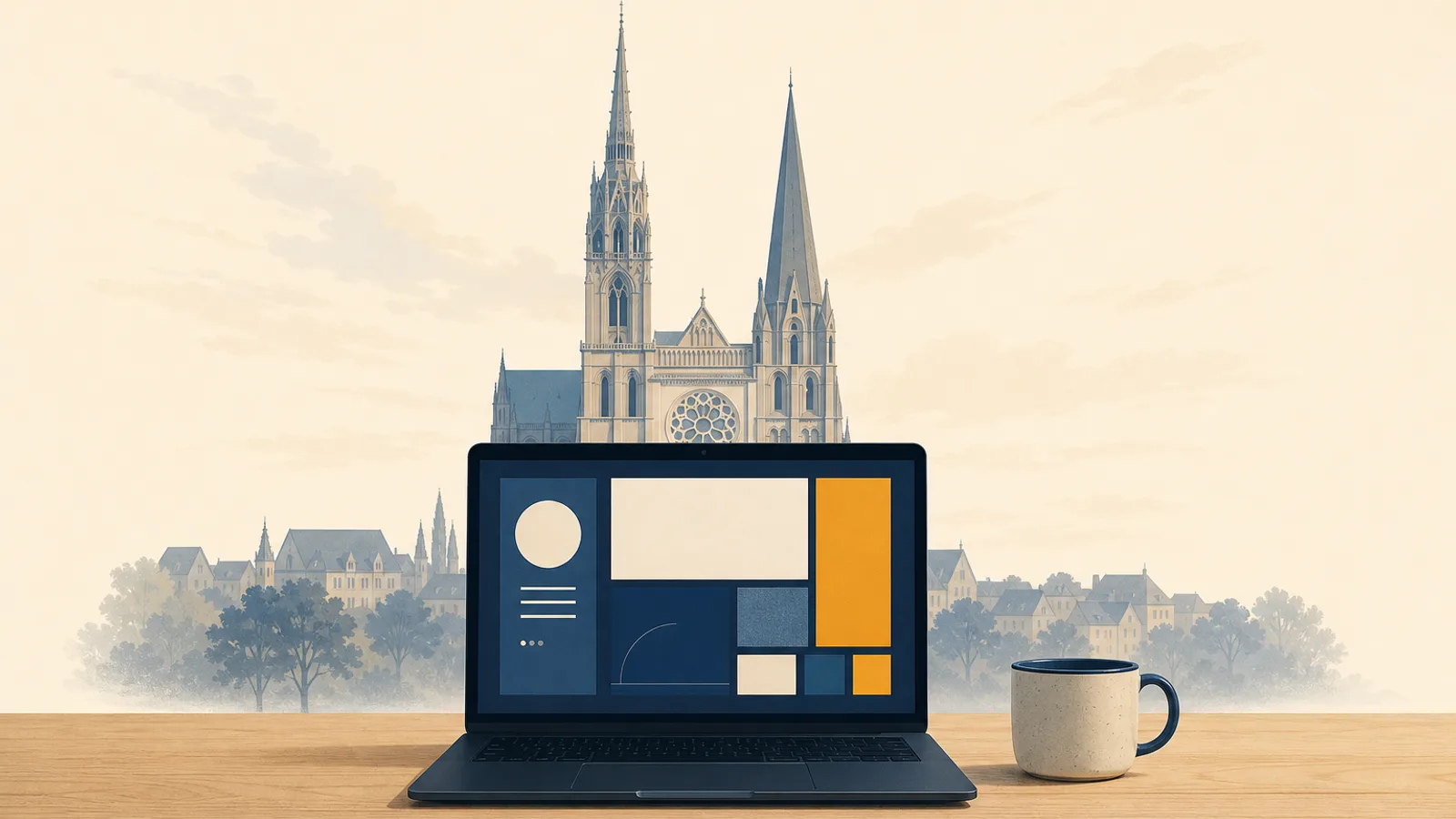 A laptop on a wooden desk in front of the silhouette of a Gothic cathedral, evoking the work of a freelance web developer in Chartres.
