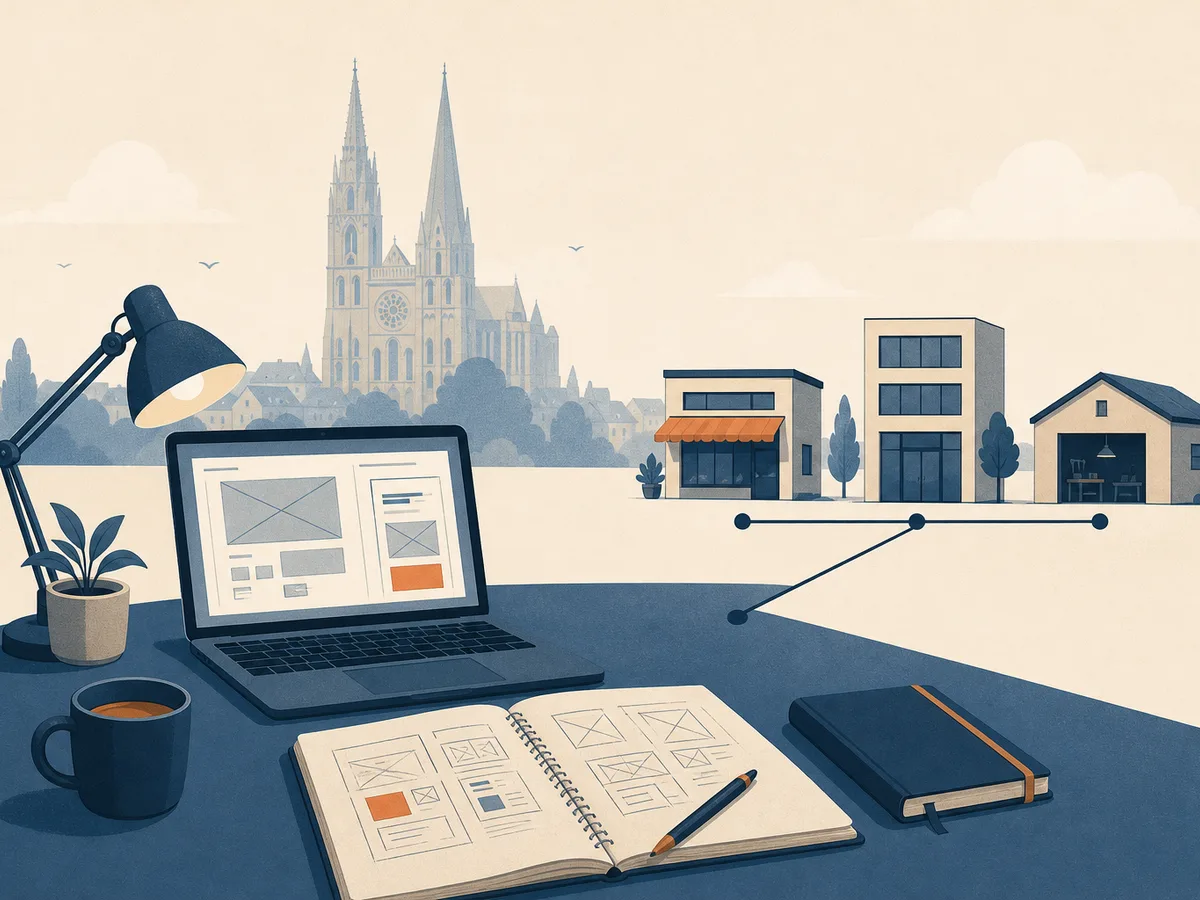 Illustration of a freelance web developer's desk in Chartres, directly connected to shops and offices, with the silhouette of a cathedral in the background.