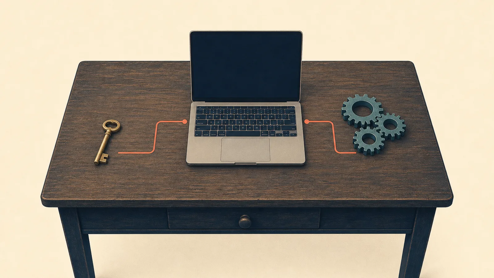Illustration of the choice between a freelancer and a web agency: a single wrench and a group of interlocking gears face each other on either side of a laptop.