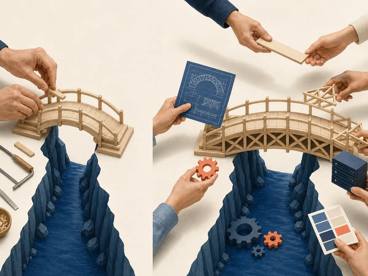 Deux maquettes de pont côte à côte : l'une montée par une seule paire de mains, l'autre par plusieurs mains coordonnées, pour illustrer le choix entre freelance ou agence web.