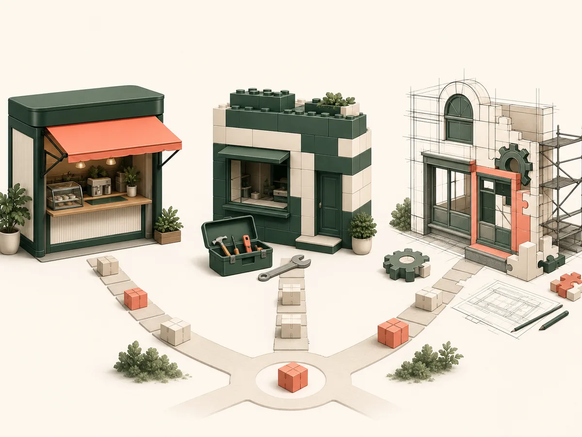 Shopify ou WooCommerce : trois boutiques illustrées côte à côte, un kiosque prêt à l'emploi, une boutique modulaire avec outils et une façade sur-mesure en construction.