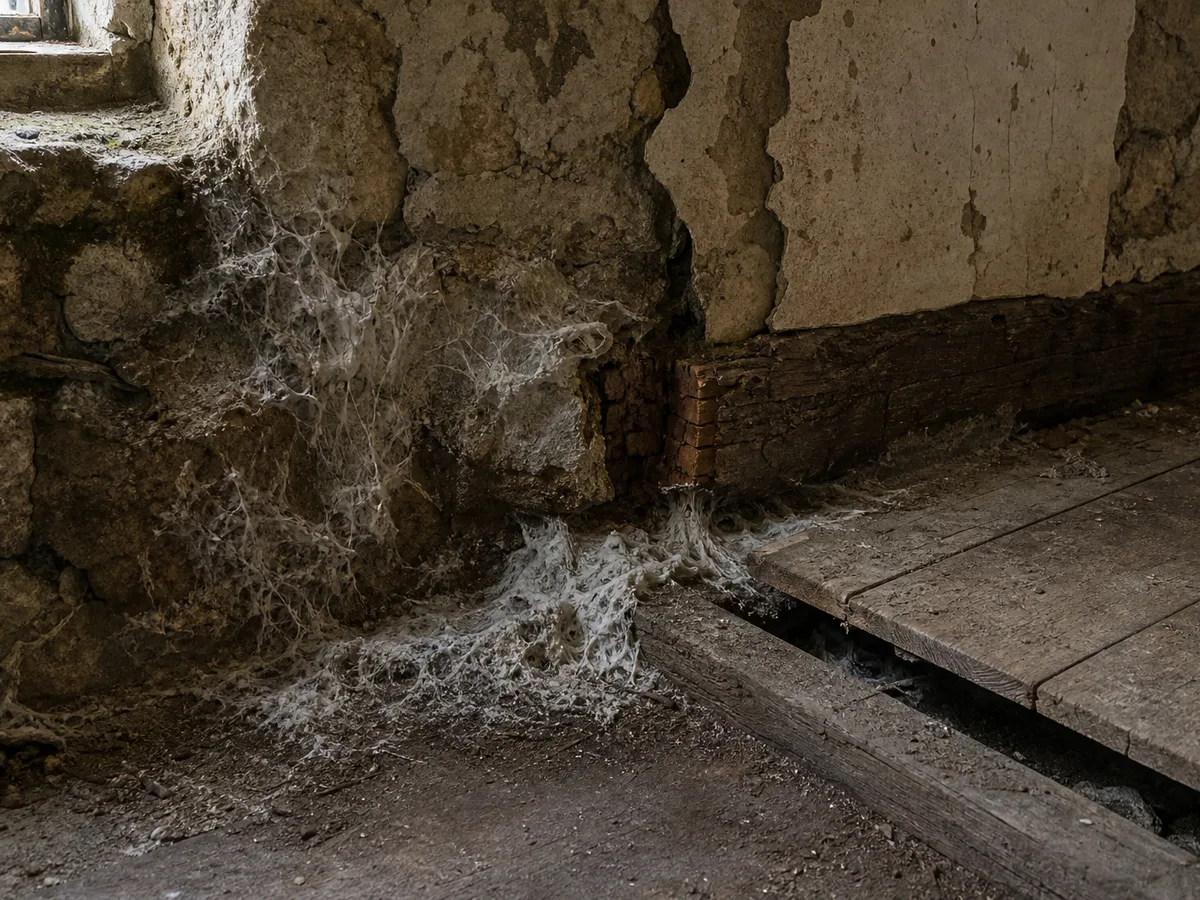 Enduit effondré sur un mur de pierre humide : le mycélium d'un champignon lignivore s'étend vers une poutre et sous le plancher, loin de la zone d'humidité d'origine.