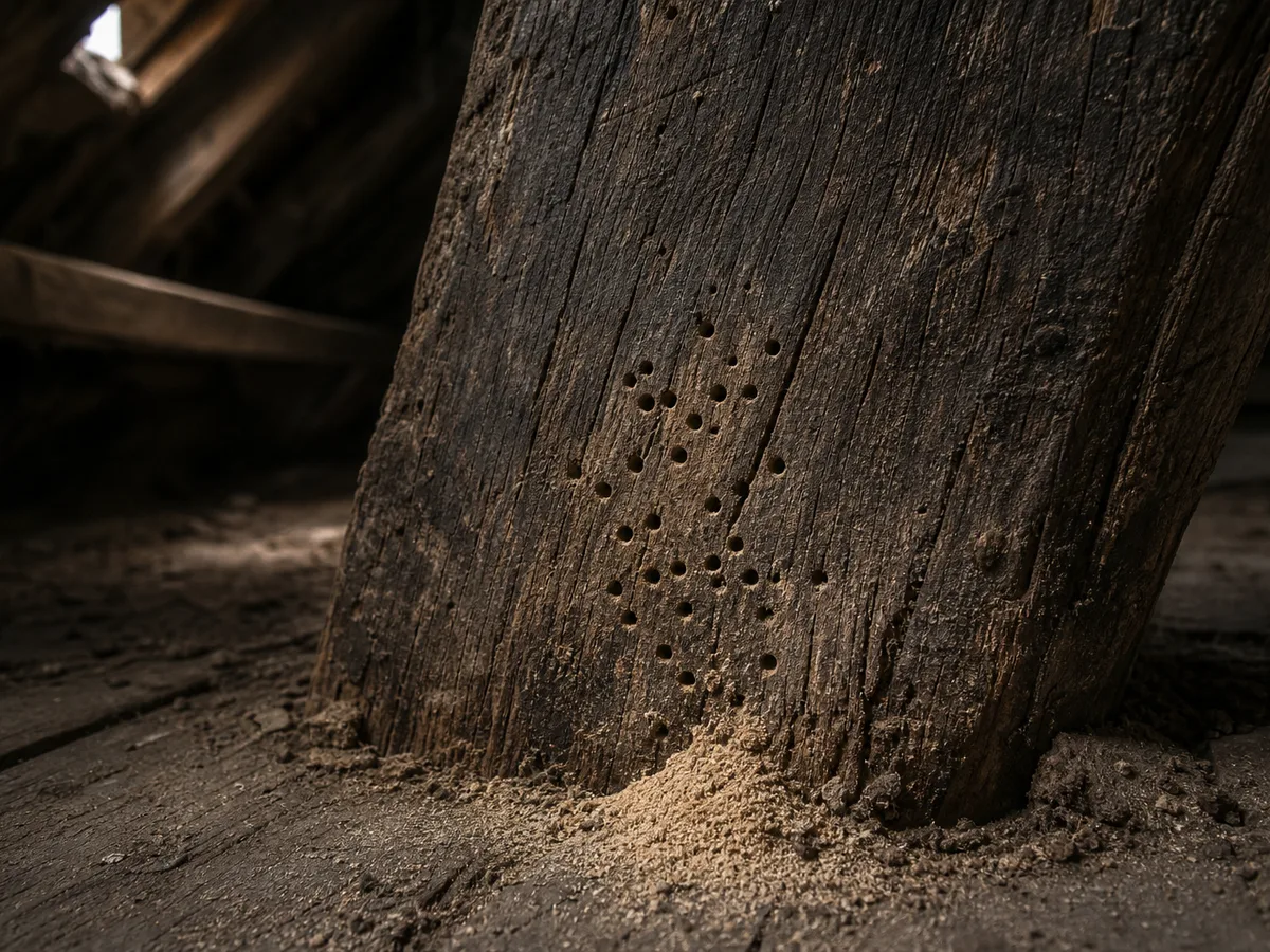 Gros plan de petits trous ronds dans le bois d'une vieille poutre sombre, avec un petit tas de fine poudre claire déposé au pied, dans un grenier à la lumière rasante.