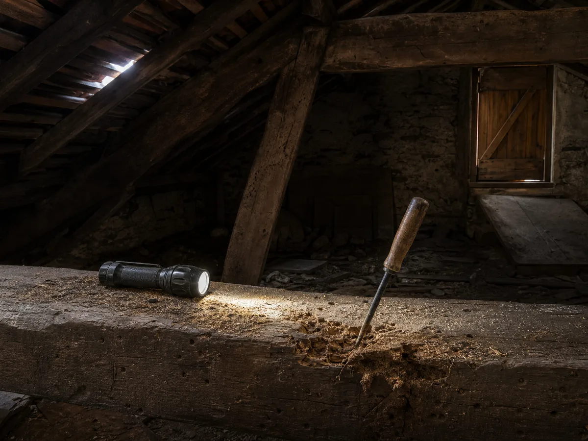 Combles d'une maison ancienne : poutre en bois massif percée de trous, sciure et auréoles d'humidité éclairées à la lampe, lors d'une inspection charpente avant achat maison.