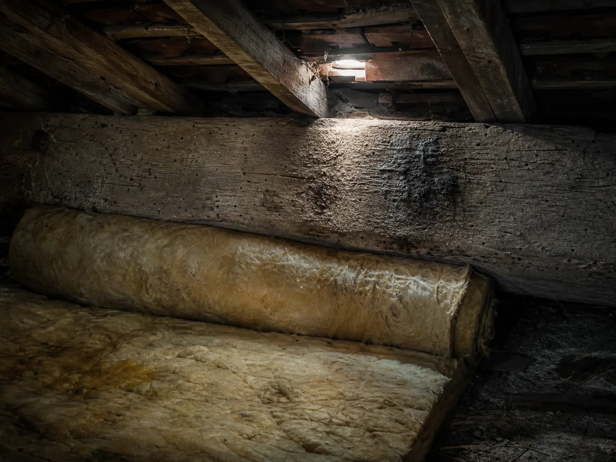 Comble ancien sombre où la laine isolante à demi posée cache le bas d'une poutre rongée de trous et de poudre de bois, utile pour un traitement charpente avant isolation.